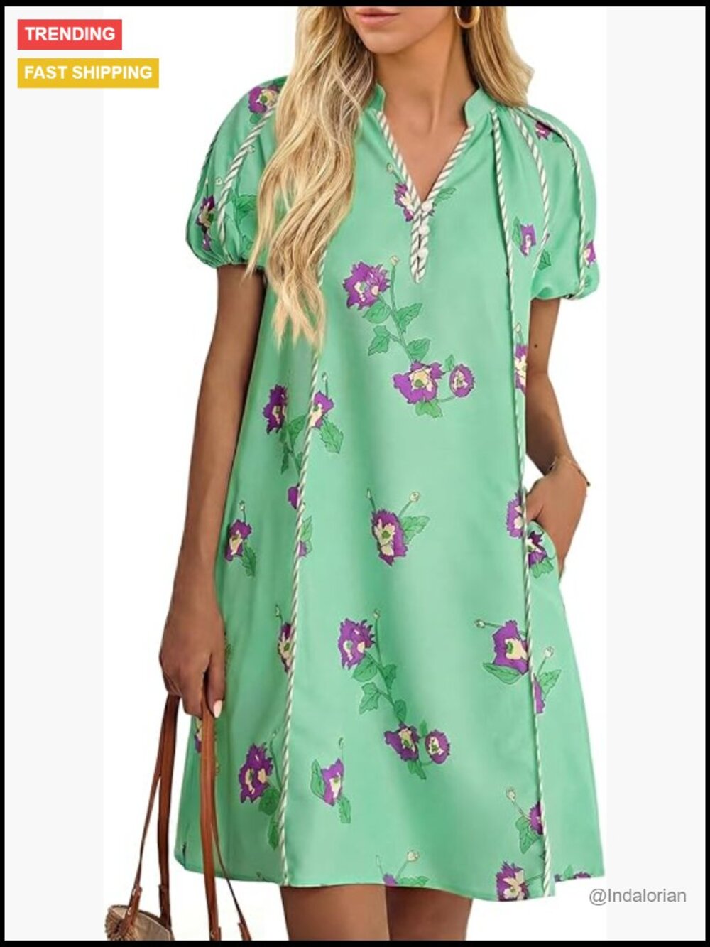 Polyester Elastane Puff Sleeve Mini Dress Floral Print V Neck Loose Fit